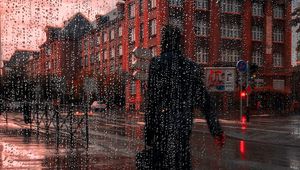 Preview wallpaper rain, silhouette, city, drops, wet