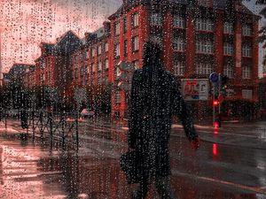 Preview wallpaper rain, silhouette, city, drops, wet