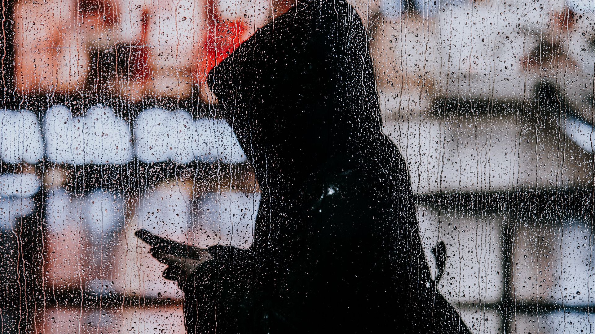 1920x1080 Wallpaper rain, silhouette, hood, drops