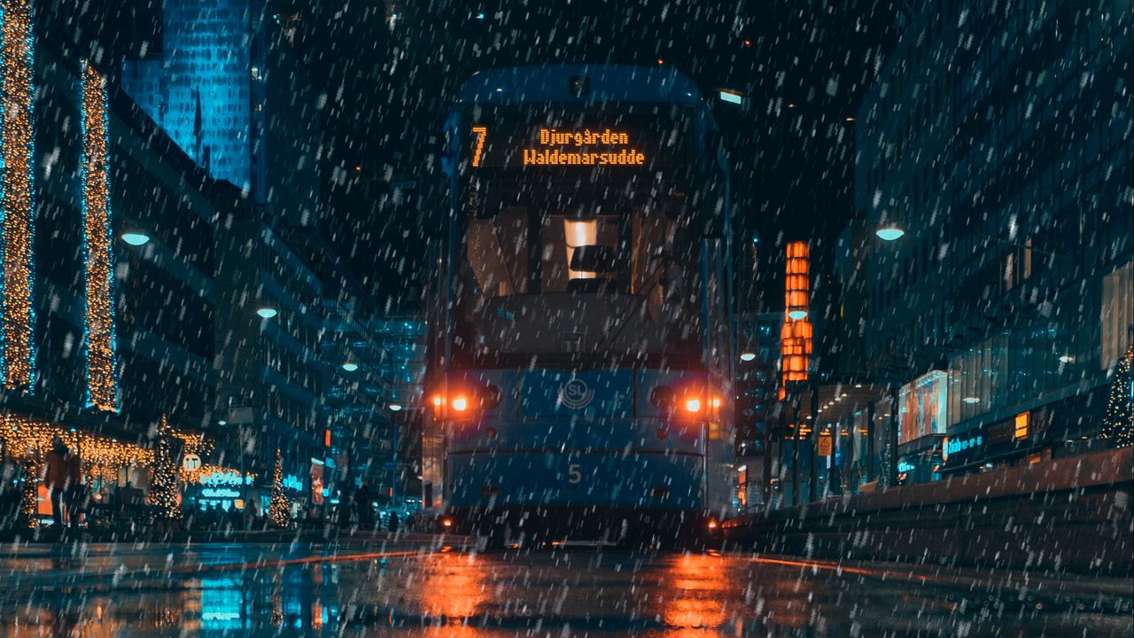 Wallpaper rain, transport, city, evening, night
