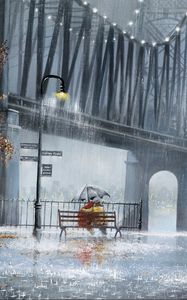 Preview wallpaper rain, trees, lights, street benches, two, couple, umbrella