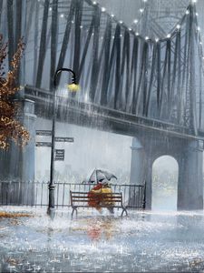 Preview wallpaper rain, trees, lights, street benches, two, couple, umbrella