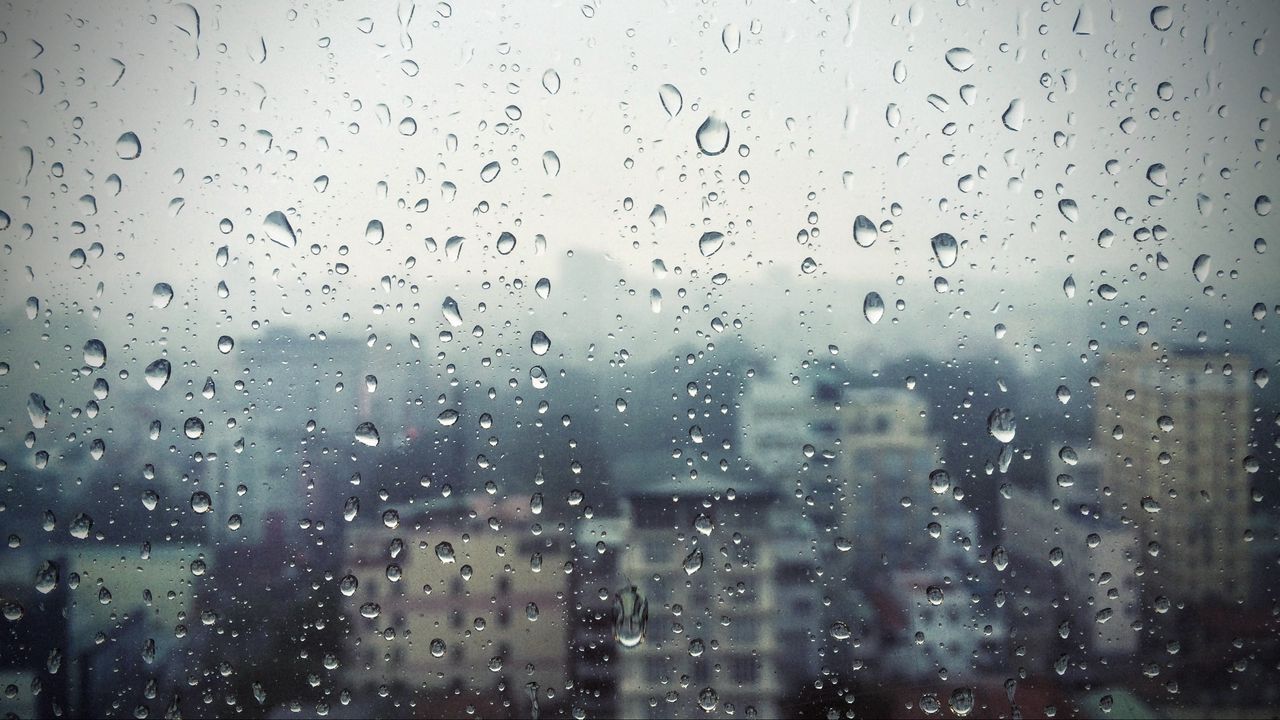 Wallpaper rain, window, glass, buildings, drops