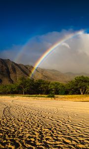 Preview wallpaper rainbow, beach, mountain, trees, sand