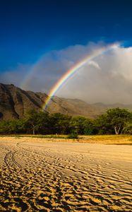 Preview wallpaper rainbow, beach, mountain, trees, sand