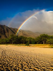 Preview wallpaper rainbow, beach, mountain, trees, sand