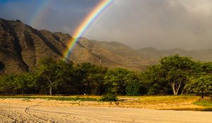 Preview wallpaper rainbow, beach, mountain, trees, sand