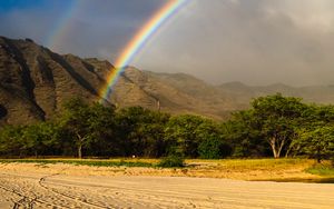 Preview wallpaper rainbow, beach, mountain, trees, sand