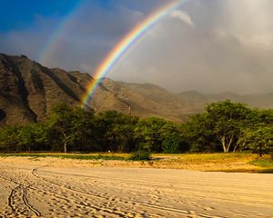 Preview wallpaper rainbow, beach, mountain, trees, sand