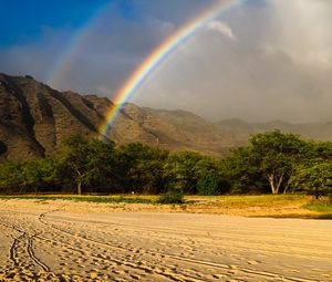 Preview wallpaper rainbow, beach, mountain, trees, sand