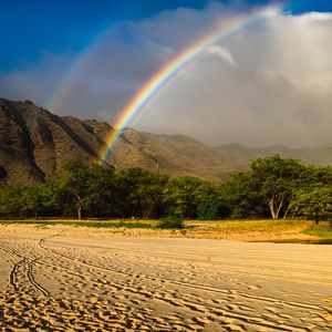 Preview wallpaper rainbow, beach, mountain, trees, sand