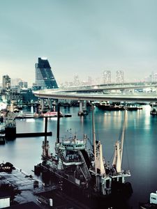 Preview wallpaper rainbow bridge, tokyo, city, river, skyscraper