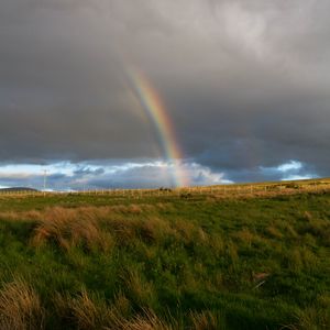 Preview wallpaper rainbow, clouds, field, nature, landscape
