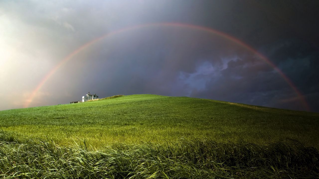 Wallpaper rainbow, clouds, hill, cloudy, meadow