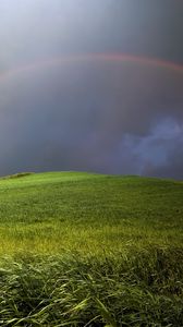 Preview wallpaper rainbow, clouds, hill, cloudy, meadow