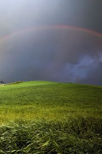 Preview wallpaper rainbow, clouds, hill, cloudy, meadow