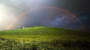 Preview wallpaper rainbow, clouds, hill, cloudy, meadow