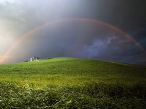 Preview wallpaper rainbow, clouds, hill, cloudy, meadow