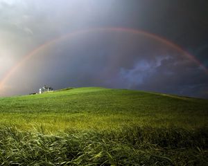 Preview wallpaper rainbow, clouds, hill, cloudy, meadow