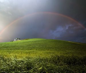 Preview wallpaper rainbow, clouds, hill, cloudy, meadow