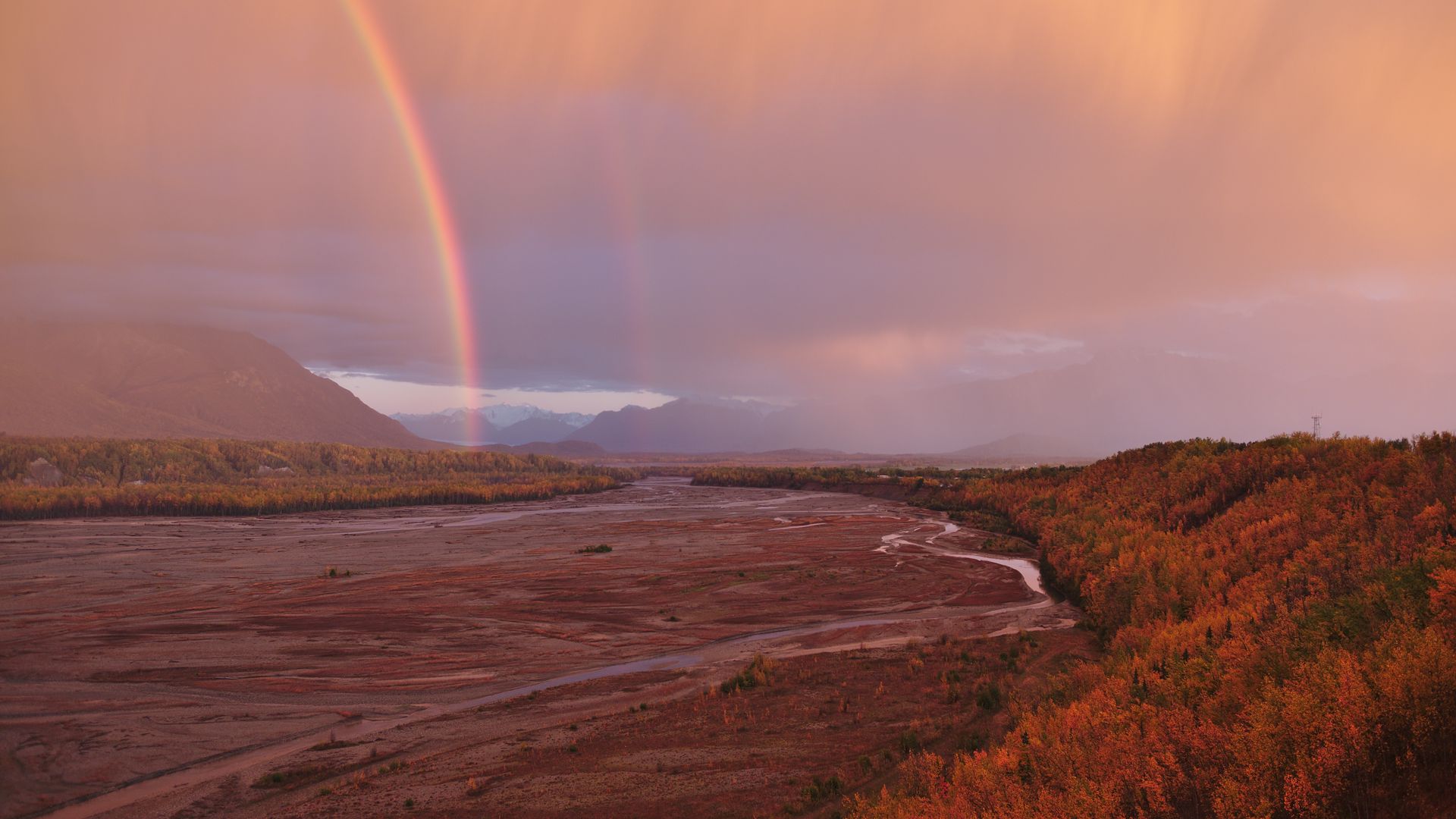 Download wallpaper 1920x1080 rainbow, dusk, nature, landscape full hd