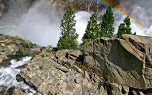 Preview wallpaper rainbow, falls, current, stones, blocks
