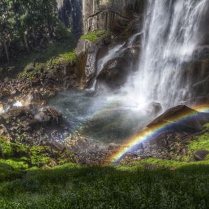 Preview wallpaper rainbow, falls, streams, stream, from above, stones, shadow, humidity, colors