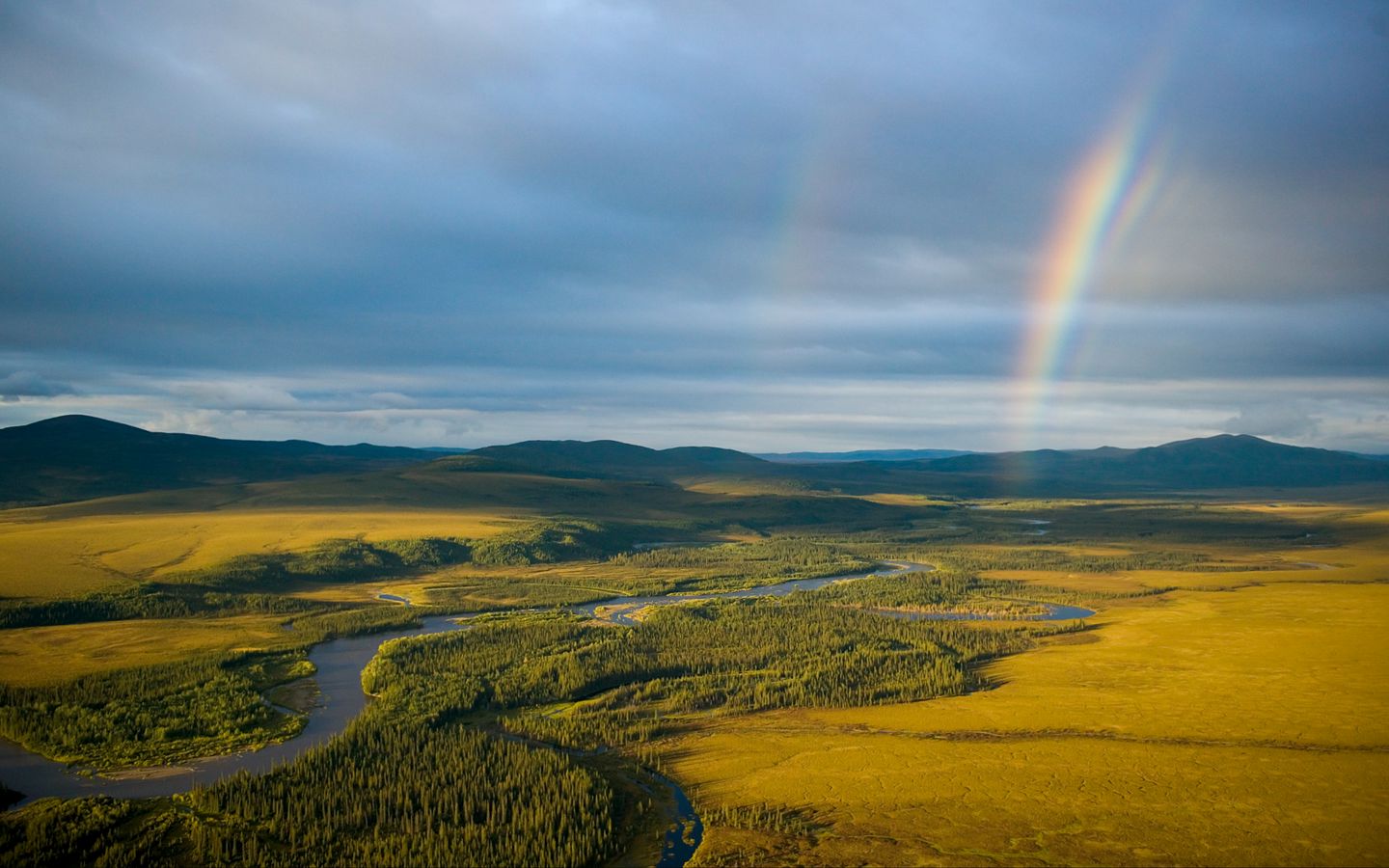 1440x900 Wallpaper rainbow, field, river, grass, nature