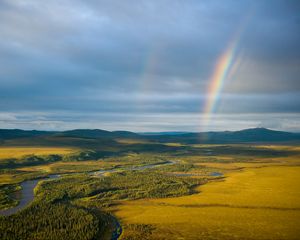 Preview wallpaper rainbow, field, river, grass, nature