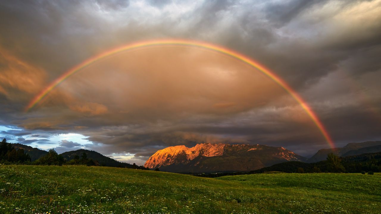 Wallpaper rainbow, meadow, mountains, nature, landscape