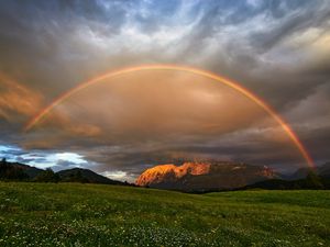 Preview wallpaper rainbow, meadow, mountains, nature, landscape