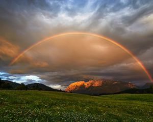 Preview wallpaper rainbow, meadow, mountains, nature, landscape