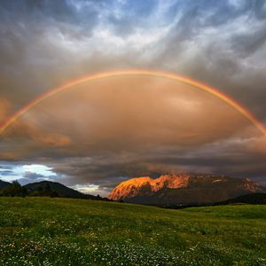Preview wallpaper rainbow, meadow, mountains, nature, landscape
