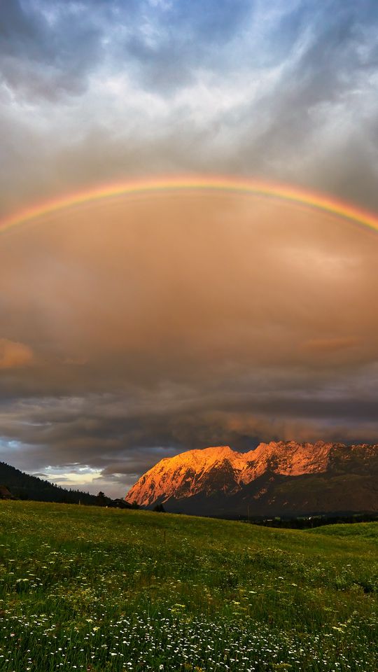 540x960 Wallpaper rainbow, meadow, mountains, nature, landscape