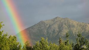 Preview wallpaper rainbow, mountains, trees, nature, landscape