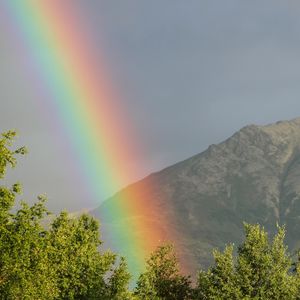 Preview wallpaper rainbow, mountains, trees, nature, landscape