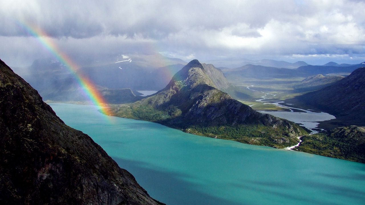 Wallpaper rainbow, ocean, mountains, land, relief, landscape, sky, clouds, river, coast
