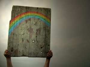 Preview wallpaper rainbow, pattern, wooden, hands, plate