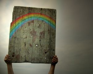 Preview wallpaper rainbow, pattern, wooden, hands, plate