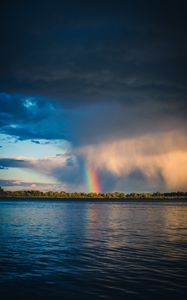 Preview wallpaper rainbow, river, trees, horizon, sky