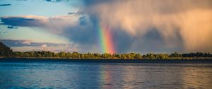 Preview wallpaper rainbow, river, trees, horizon, sky