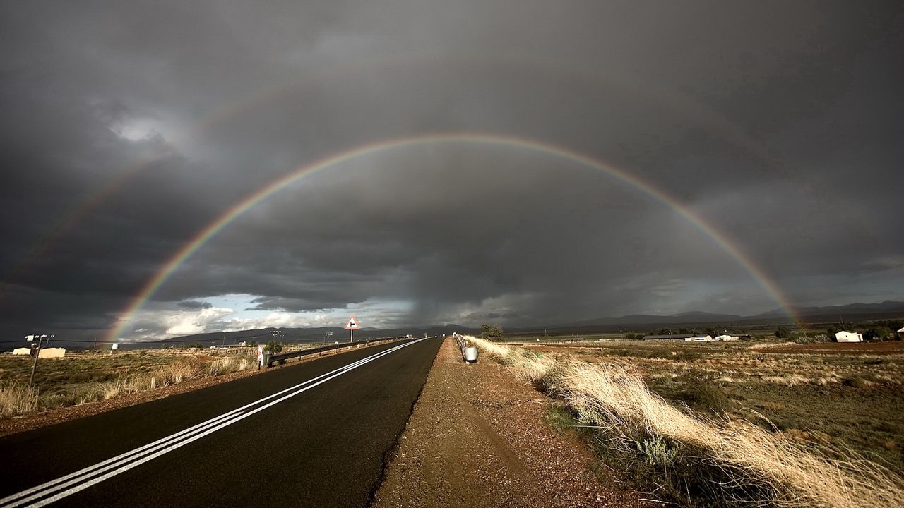 Wallpaper rainbow, road, steppe, asphalt