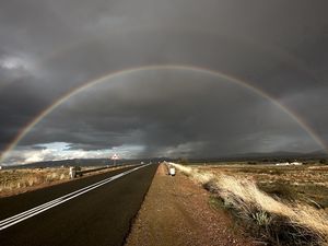 Preview wallpaper rainbow, road, steppe, asphalt