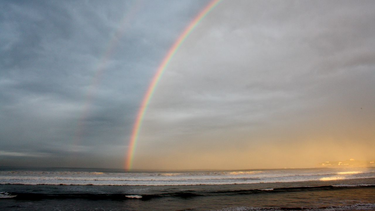 Wallpaper rainbow, sky, clouds, sea, shore, nature