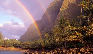 Preview wallpaper rainbow, sky, stones, clouds, palm trees, coast, hawaii