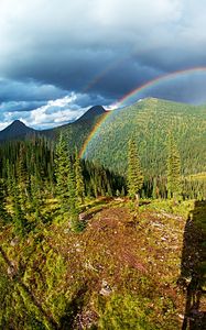 Preview wallpaper rainbow, trees, mountains, landscape, nature