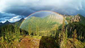 Preview wallpaper rainbow, trees, mountains, landscape, nature