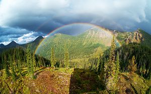 Preview wallpaper rainbow, trees, mountains, landscape, nature
