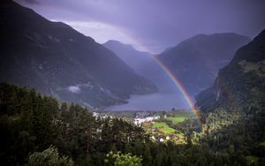 Preview wallpaper rainbow, valley, trees, mountains, houses, lake