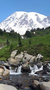 Preview wallpaper rainier, washington, usa, mountain, river